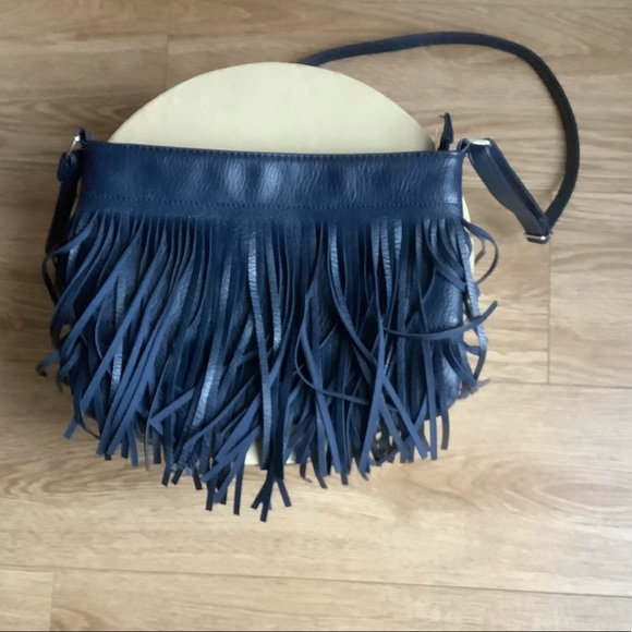 Navy Blue Faux Leather Fringe Cross Body Purse - Picture 1 of 5